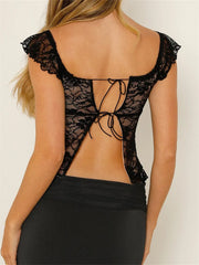 Summer Slim Backless Ruffles Short Sleeve Off Shoulder Lace Floral Clubwear Tee