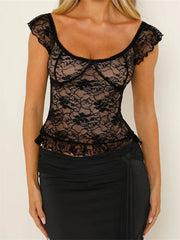 Summer Slim Backless Ruffles Short Sleeve Off Shoulder Lace Floral Clubwear Tee