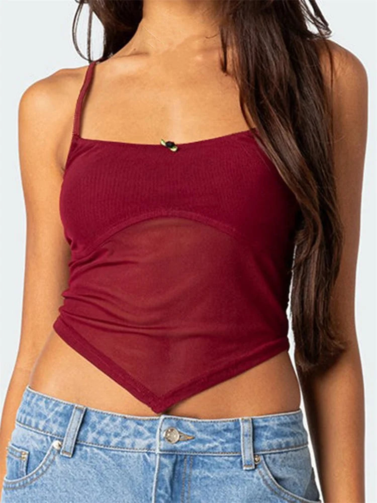 Front Flower Spaghetti Strap Exposed Navel Patchwork Cropped Cami Top