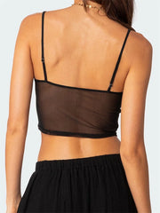 Front Flower Spaghetti Strap Exposed Navel Patchwork Cropped Cami Top