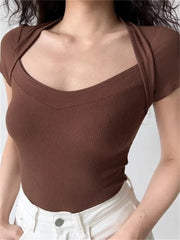 Summer Slim Fit Casual Solid Color Short Sleeve Low Cut Ribbed Basic Streetwear Tee