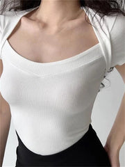 Summer Slim Fit Casual Solid Color Short Sleeve Low Cut Ribbed Basic Streetwear Tee