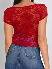 Summer Slim Fit See Through Short Sleeve Low Cut Sheer Lace Floral Club Streetwear Tee