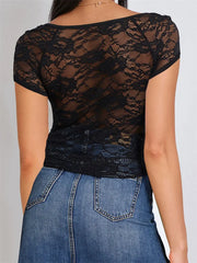 Summer Slim Fit See Through Short Sleeve Low Cut Sheer Lace Floral Club Streetwear Tee