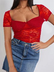 Summer Slim Fit See Through Short Sleeve Low Cut Sheer Lace Floral Club Streetwear Tee