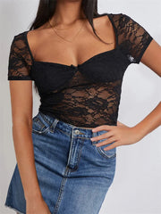 Summer Slim Fit See Through Short Sleeve Low Cut Sheer Lace Floral Club Streetwear Tee