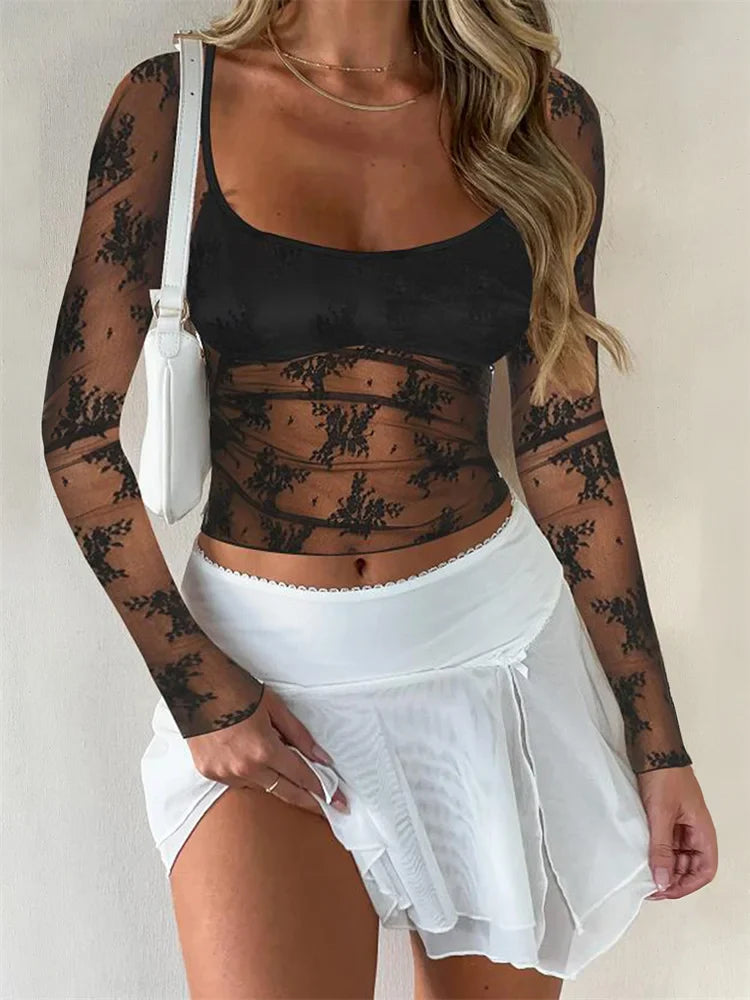 Summer Slim Fit Black Long Sleeve Square Neck Mesh Sheer See Through Lace Floral Tee