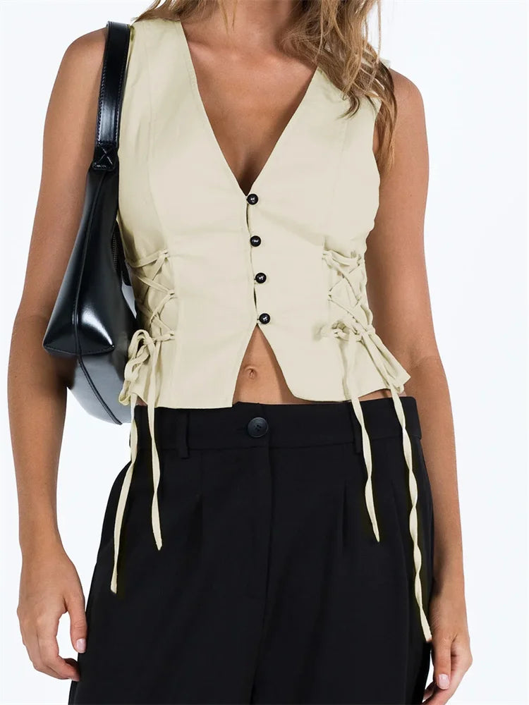Slim Tank Solid Color Front Buttons Up Mini Vest Side Criss-Cross Tie-Up Waistcoat Streetwear Crop Tops