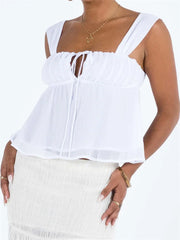Spaghetti Strap Casual Ruffles Square Neck Lace-up Solid Mini Vests  Crop Tops