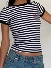 Striped Print Bow Embroidered Short Sleeve Casual Pullovers Clubwear Aesthetic Grunge Tee