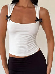 Black Bow Patchwork Sleeveless Mini Vest Summer Fashion Slim Fit White Camis Cropped Streetwear Crop Tops