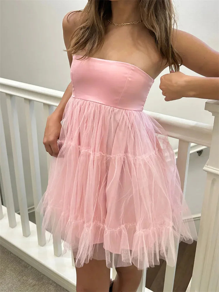 Tulle Tutu Tube Solid Color Strapless Off Shoulder Mini Dress