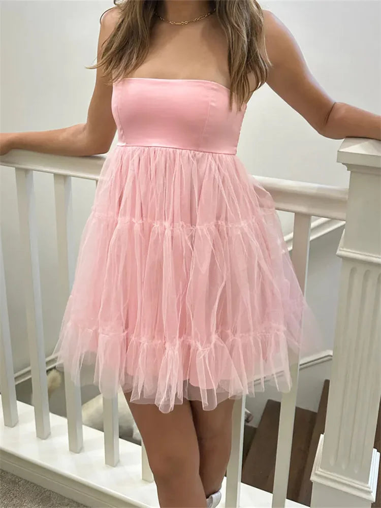 Tulle Tutu Tube Solid Color Strapless Off Shoulder Mini Dress