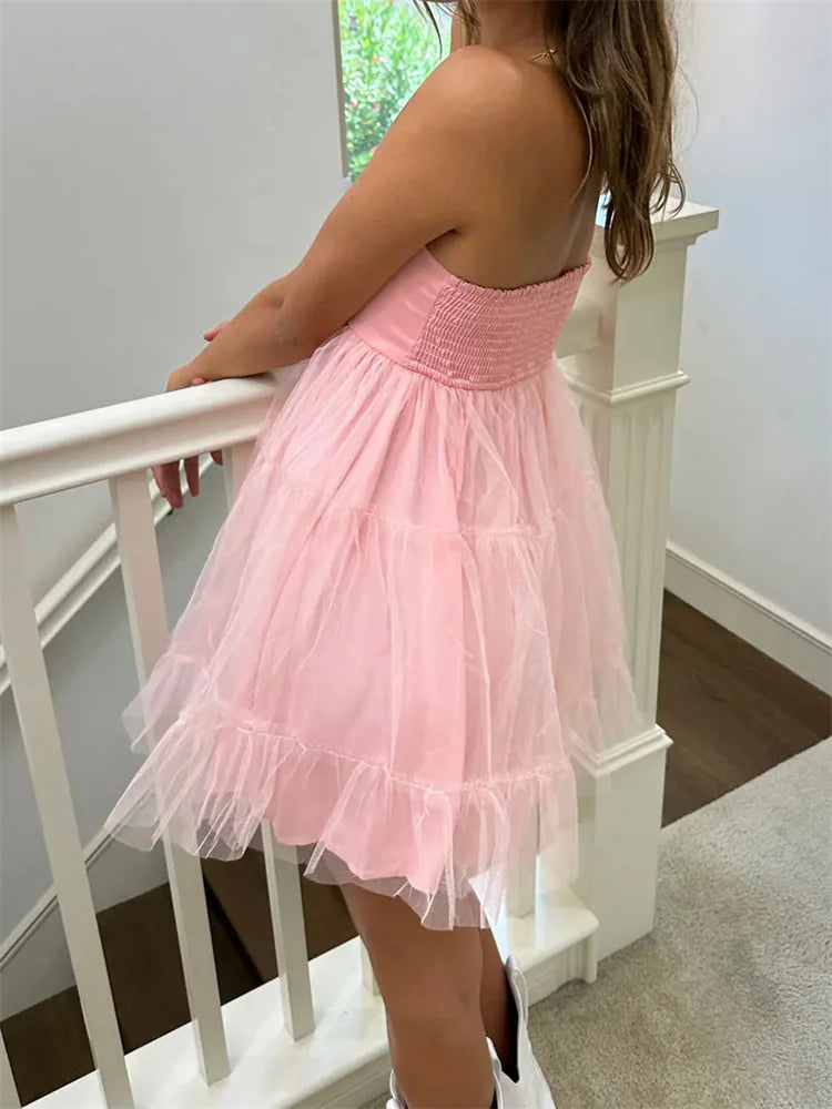 Tulle Tutu Tube Solid Color Strapless Off Shoulder Mini Dress