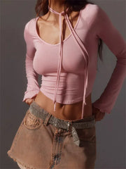 V-neck Casual Long Sleeve Spring Autumn Solid Slim Fit Pullovers Female Streetwear Base Tops Tee