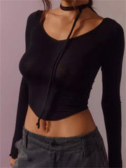 V-neck Casual Long Sleeve Spring Autumn Solid Slim Fit Pullovers Female Streetwear Base Tops Tee