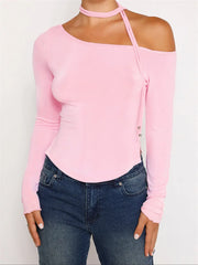 Y2K Off Shoulder Long Sleeve Slim Fit Solid Color Backless Fashion Outfits Streetwear Tee