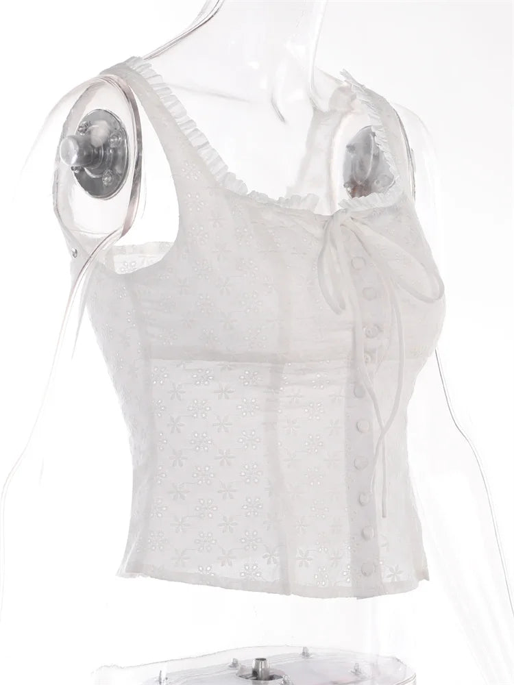 Y2K Square Neck Bustiers Lace Patchwork Low Cut Front Buttons Up Fairycore Tank Crop Tops
