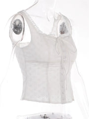 Y2K Square Neck Bustiers Lace Patchwork Low Cut Front Buttons Up Fairycore Tank Crop Tops