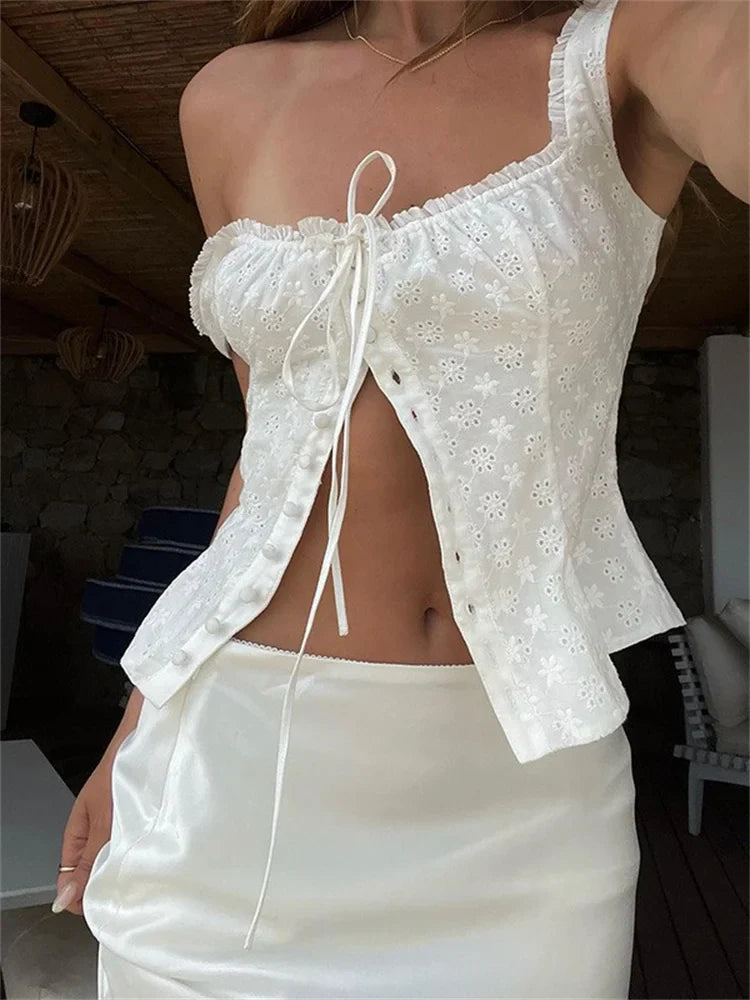 Y2K Square Neck Bustiers Lace Patchwork Low Cut Front Buttons Up Fairycore Tank Crop Tops