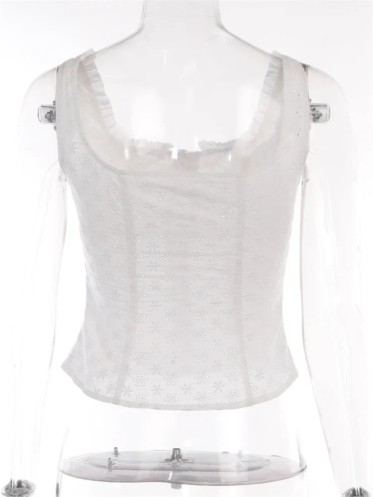 Y2K Square Neck Bustiers Lace Patchwork Low Cut Front Buttons Up Fairycore Tank Crop Tops