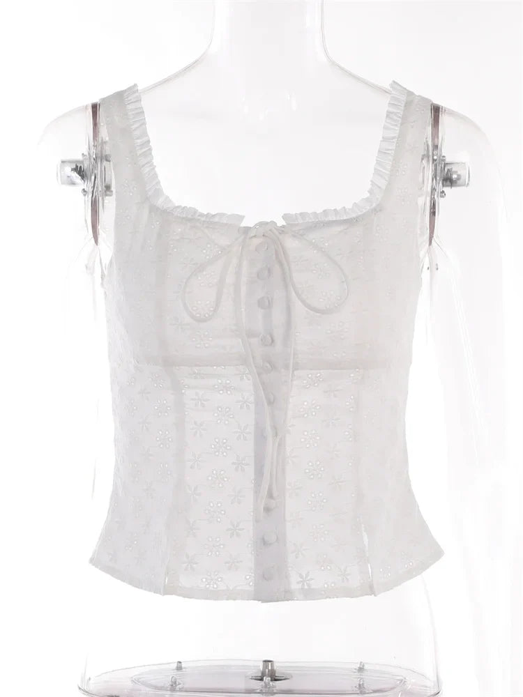 Y2K Square Neck Bustiers Lace Patchwork Low Cut Front Buttons Up Fairycore Tank Crop Tops