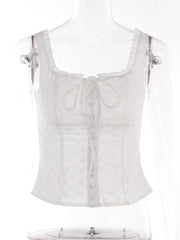 Y2K Square Neck Bustiers Lace Patchwork Low Cut Front Buttons Up Fairycore Tank Crop Tops