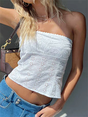 Vintage Strapless Camis Boho Floral Hollow Out Tube Chic Summer Off Shoulder Backless Crop Tops