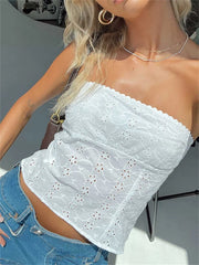 Vintage Strapless Camis Boho Floral Hollow Out Tube Chic Summer Off Shoulder Backless Crop Tops