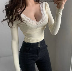 Y2K Lace Patchwork Deep V-neck Top Casual Autumn Slim Streetwear Vintage Long Flare Sleeve Tee