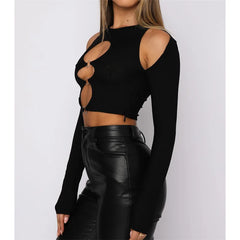 Y2K Sexy Cutout Solid Long Sleeve Round Neck with Rings Vintage T-shirt Autumn Outwear Tee