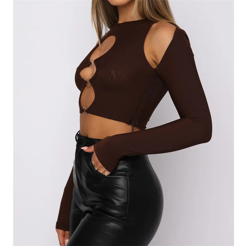 Y2K Sexy Cutout Solid Long Sleeve Round Neck with Rings Vintage T-shirt Autumn Outwear Tee