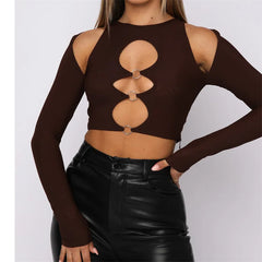 Y2K Sexy Cutout Solid Long Sleeve Round Neck with Rings Vintage T-shirt Autumn Outwear Tee