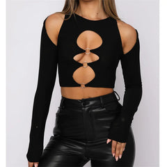 Y2K Sexy Cutout Solid Long Sleeve Round Neck with Rings Vintage T-shirt Autumn Outwear Tee