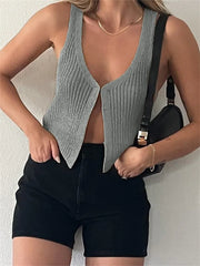 Knitted Sweaters Vest Casual Retro Sleeveless V-Neck Buttons Up Tank Summer Autumn Chic Vest  Club Crop Tops