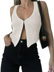 Knitted Sweaters Vest Casual Retro Sleeveless V-Neck Buttons Up Tank Summer Autumn Chic Vest  Club Crop Tops