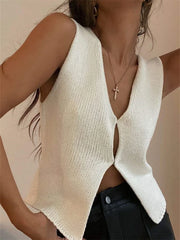 Knitted Sweaters Vest Casual Retro Sleeveless V-Neck Buttons Up Tank Summer Autumn Chic Vest Club Crop Tops
