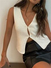 Knitted Sweaters Vest Casual Retro Sleeveless V-Neck Buttons Up Tank Summer Autumn Chic Vest Club Crop Tops
