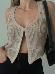 Knitted Sweaters Vest Casual Retro Sleeveless V-Neck Buttons Up Tank Summer Autumn Chic Vest  Club Crop Tops
