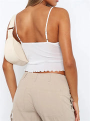 Sleeveless Strap V-neck Camis Streetwear Retro Mesh See Through Patchwork Tank Summer Slim Fit New Crop Tops