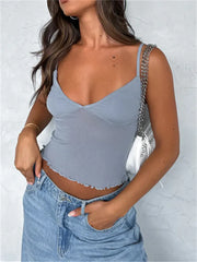 Sleeveless Strap V-neck Camis Streetwear Retro Mesh See Through Patchwork Tank Summer Slim Fit New Crop Tops