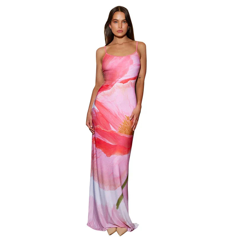 Spaghetti Backless Slim Fashion Strapless Contrast Patchwork Beach Printed Maxi Dress Dresses