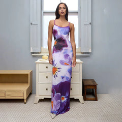 Spaghetti Backless Slim Fashion Strapless Contrast Patchwork Beach Printed Maxi Dress Dresses