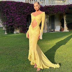 Spring Color Mesh See Through Low Cut Floor Tassel Long Sleeve Evening Maxi Dress