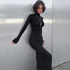 Simple High Collar Long Sleeve Basic Fishtail Prom Occasion Slim Streetwear Black Maxi Dress For Autumn