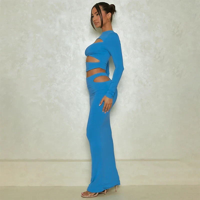 Autumn Winter Party Night Club Streetwear Cut Out Crop Top Long Skirt Sets Maxi Dress