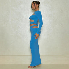 Autumn Winter Party Night Club Streetwear Cut Out Crop Top Long Skirt Sets Maxi Dress