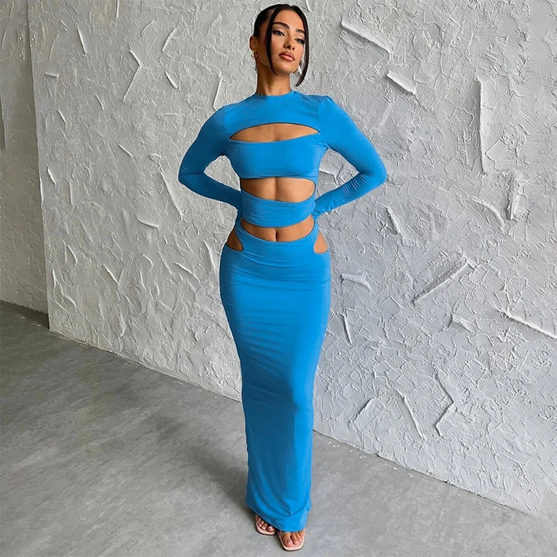 Autumn Winter Party Night Club Streetwear Cut Out Crop Top Long Skirt Sets Maxi Dress