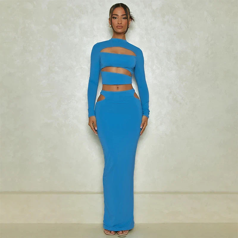 Autumn Winter Party Night Club Streetwear Cut Out Crop Top Long Skirt Sets Maxi Dress