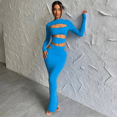 Autumn Winter Party Night Club Streetwear Cut Out Crop Top Long Skirt Sets Maxi Dress